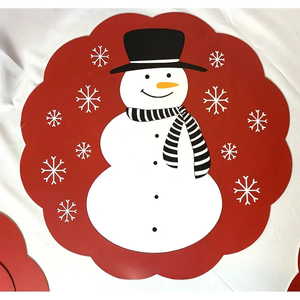Snowman Placemats + Coasters X4 Vintage Vinyl Red‎ Black Round 15 inch - CUTE!